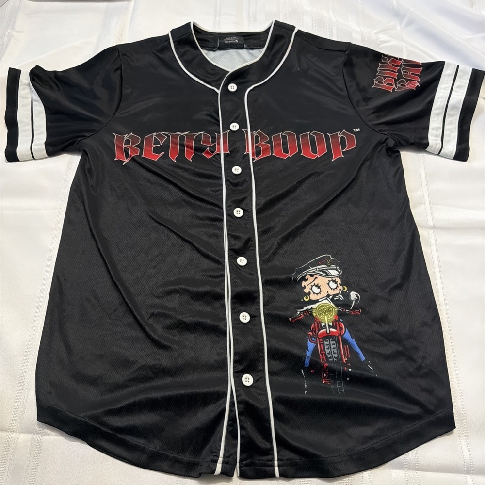 Vintage Betty Boop Biker Babe Baseball Jersey Black Red Y2K Mesh Button Up Small